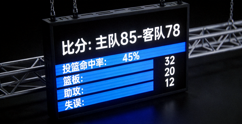 赛事数据统计屏幕显示比分与技术指标的画面